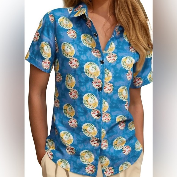 Jogal Other - Jogal Hawaiian Floral Blue Shirt Button Up Cotton Blend Short Sleeve